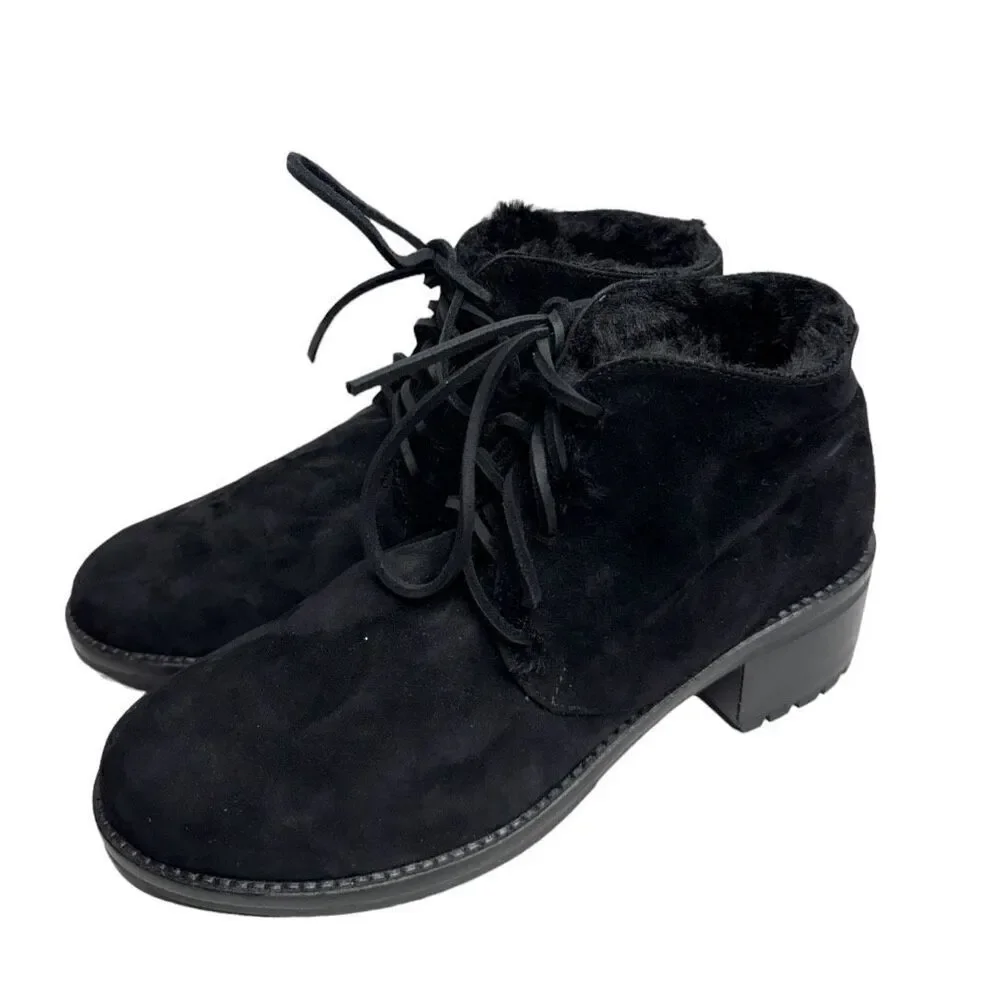 Lavorazione Ankle Booties Womens US 7 Black Leather Shearling Lace Up Block Heel